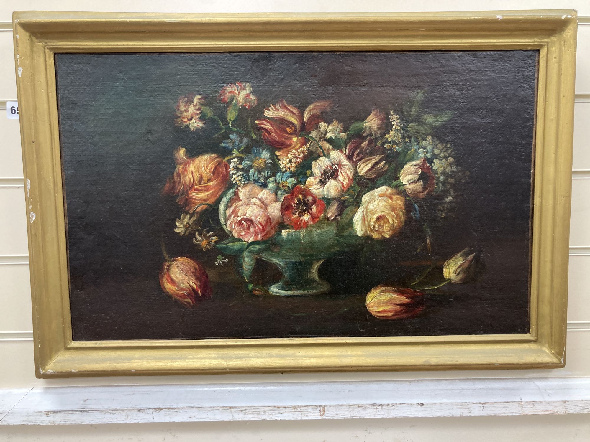 English School, oil on canvas laid on board, Still life of flowers in a vase, 35 x 57cm
